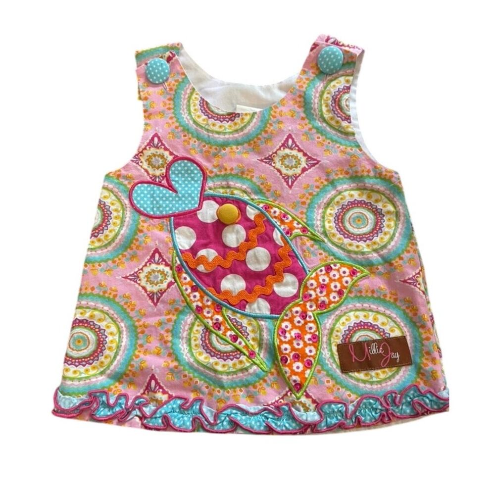 Millie Jay Dress 18 months Fish motif Pink Blue Green Jumper Ruffle